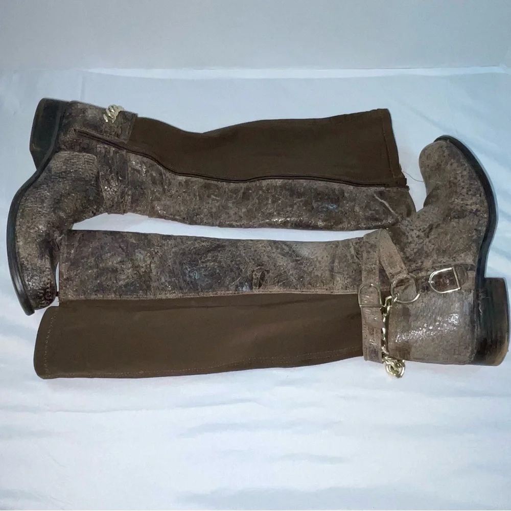Betsey Johnson Brown‎ Tall Riding Boots Gold Chain Harness Size 10M